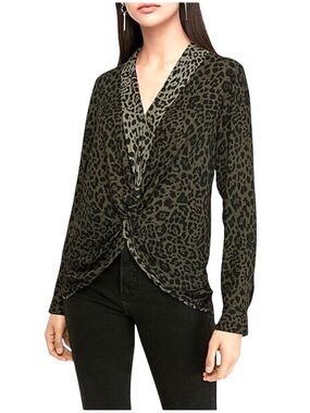 Express Leopard Print Twist-Front Blouse in Olive
